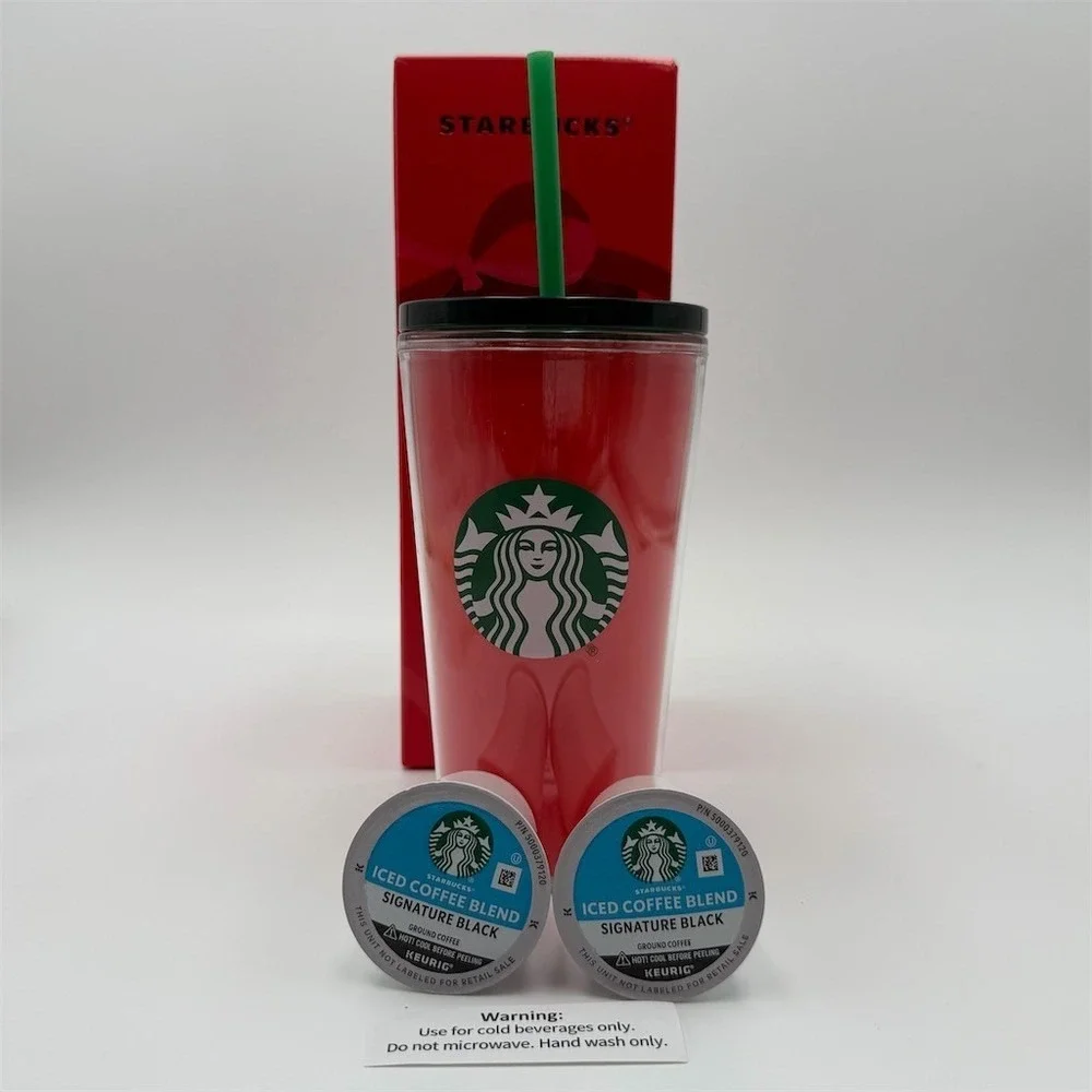 Starbucks Holiday Red Cold Cup 16 oz w/‎ Green Straw + 2 Iced Coffee K-Cups
